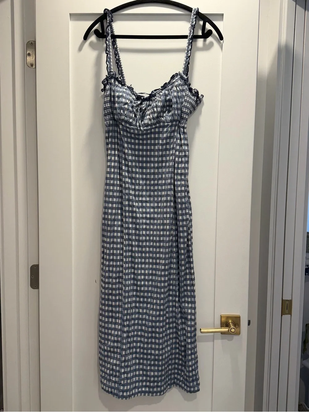 Free People Lucinda Blue Gingham Midi Dress with Tie Back